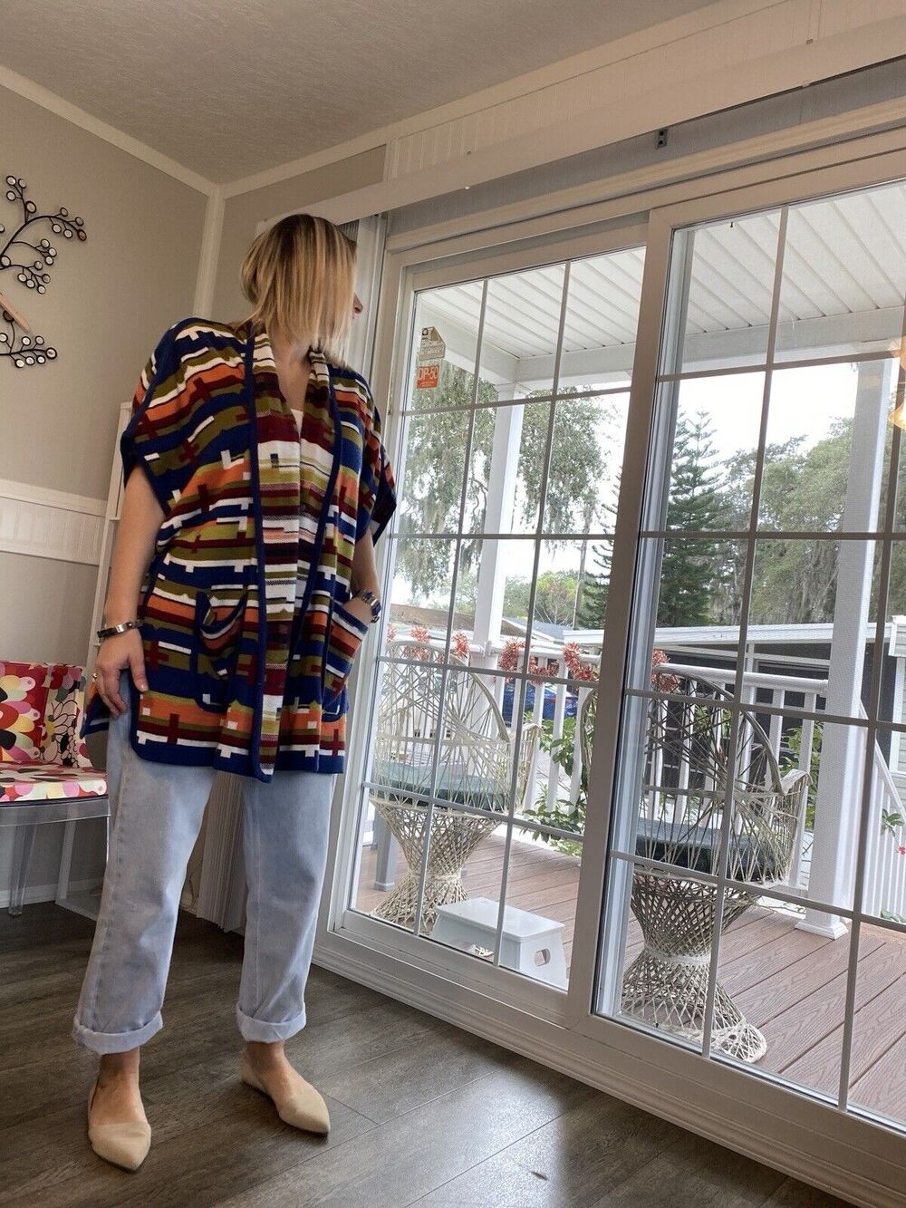 Jessica London Cardigan Duster Boxy Open Sweater Southwestern color Colorful